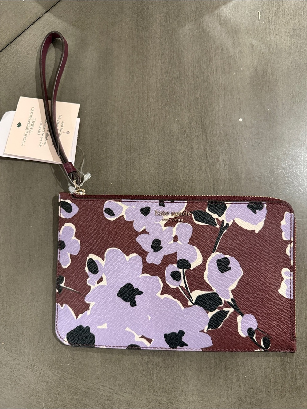 Brand new! kate spade Burgundy Floral Wristlet with Lavender Blooms